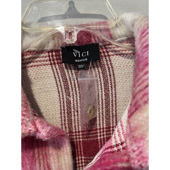 VICI Shacket Women’s Medium Harper Pink Plaid Fuzzy Crop Shirt Jacket Button Up - Picture 4 of 7